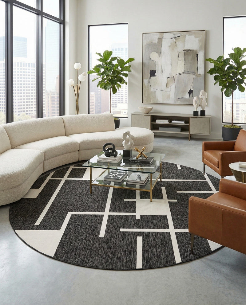 Urban Terrace Collection Area Rug -  Parkside Round Black and White  lifestyle 63