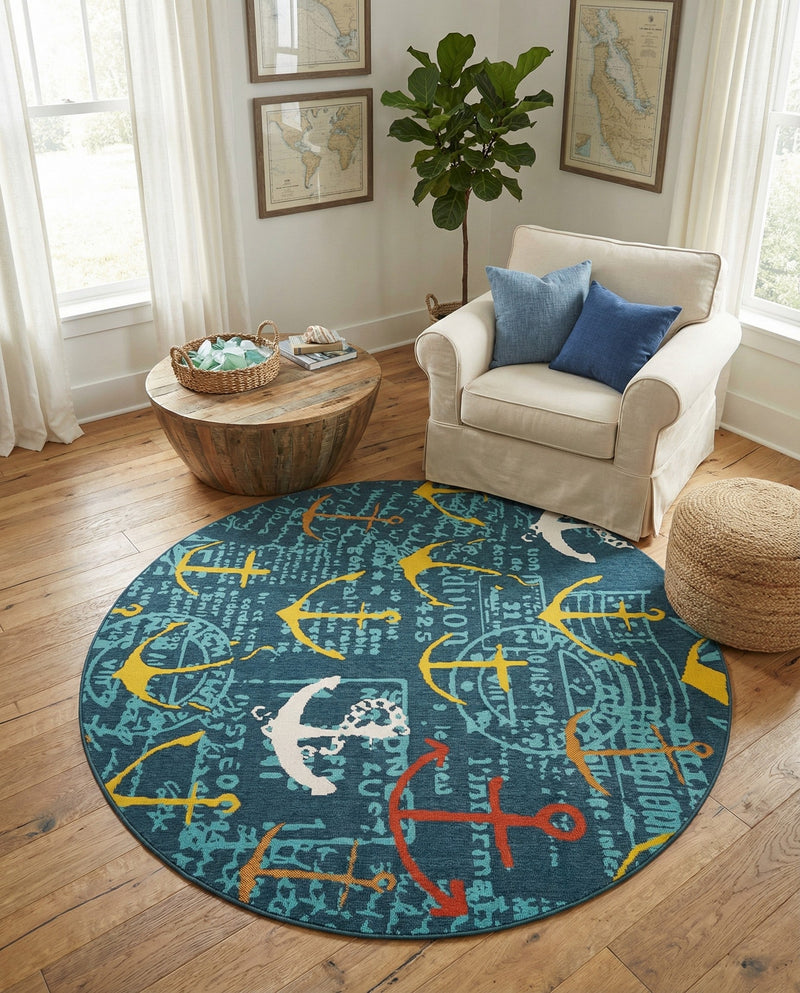 Seaside Haven Rugs Collection Area Rug -  Lighthouse Round Navy Blue  lifestyle 60