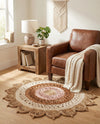 Woven Seaside Jute Collection Area Rug - Coastalhaven (Natural White Orange Pink) Round Natural White Orange Pink  lifestyle 23
