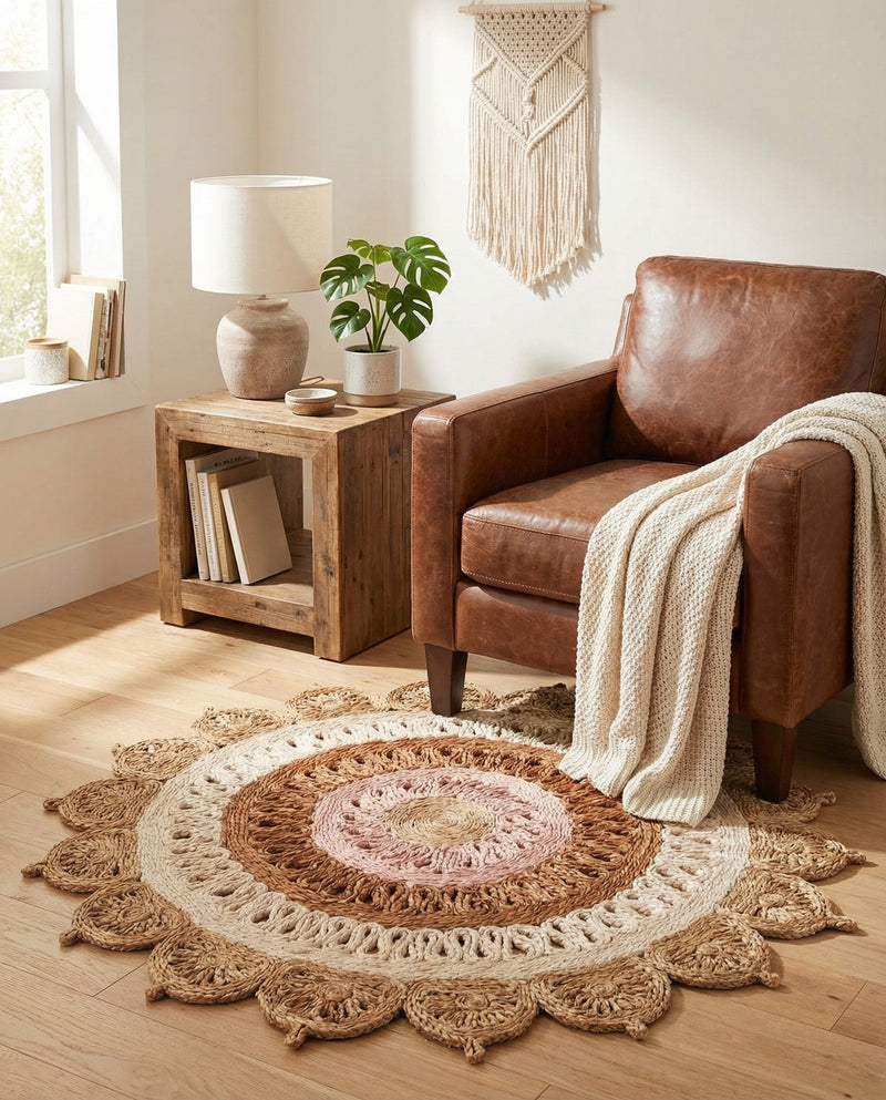 Woven Seaside Jute Collection Area Rug - Coastalhaven (Natural White Orange Pink) Round Natural White Orange Pink  lifestyle 23