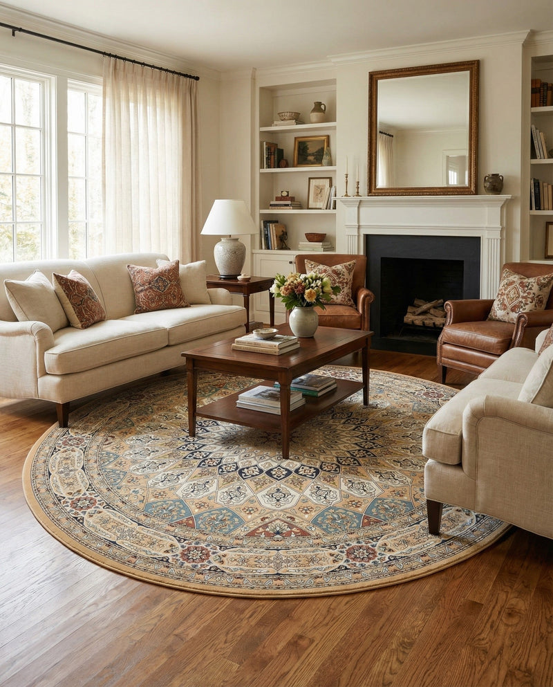 Persian Elegance Collection Area Rug -  Hamedan (Beige) Round Beige  lifestyle 34