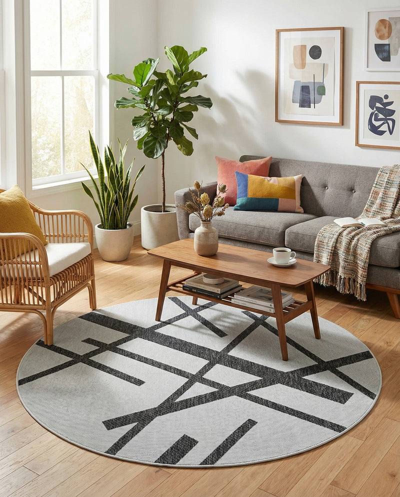Urban Terrace Collection Area Rug -  Bowery Round Black and White  lifestyle 40