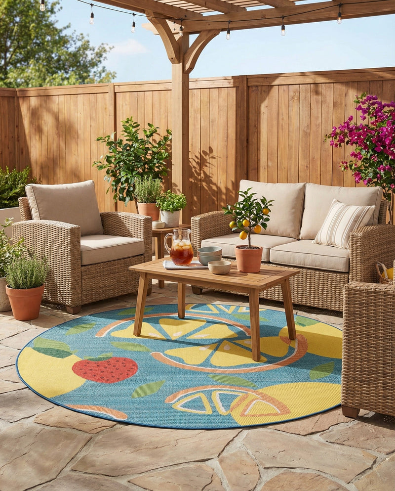 Coastal Terrace Collection Area Rug -  Cove Round Blue  lifestyle 76