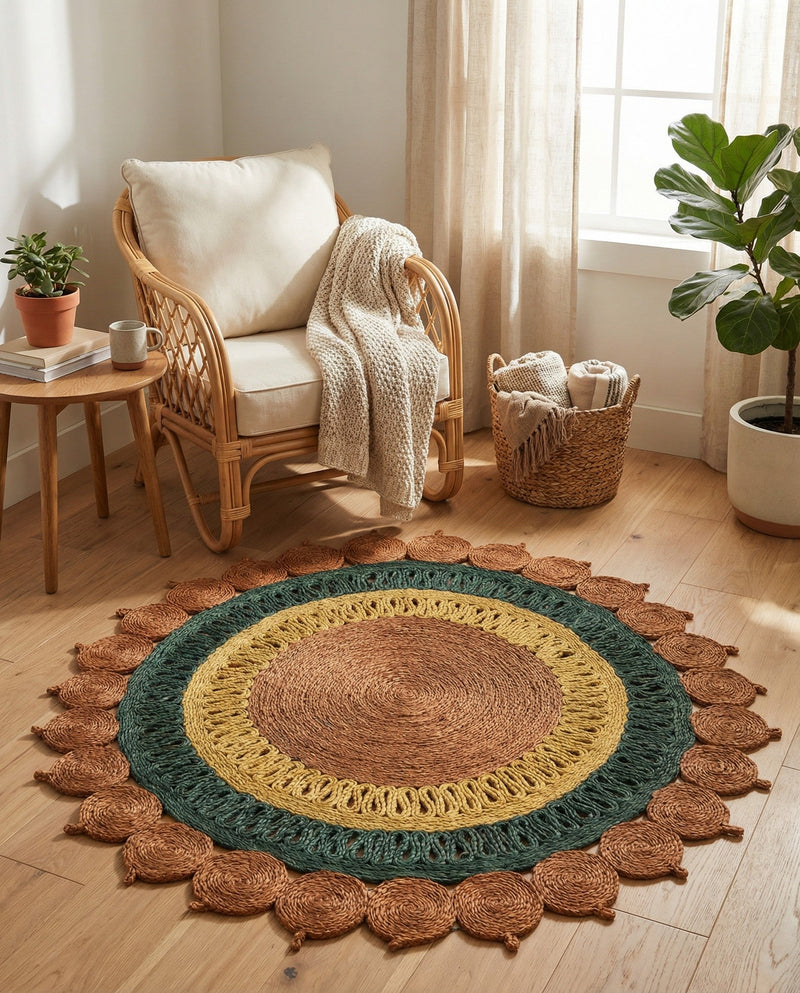 Woven Seaside Jute Collection Area Rug - Coastalhaven (Orange Green Yellow) Round Orange Green Yellow  lifestyle 8