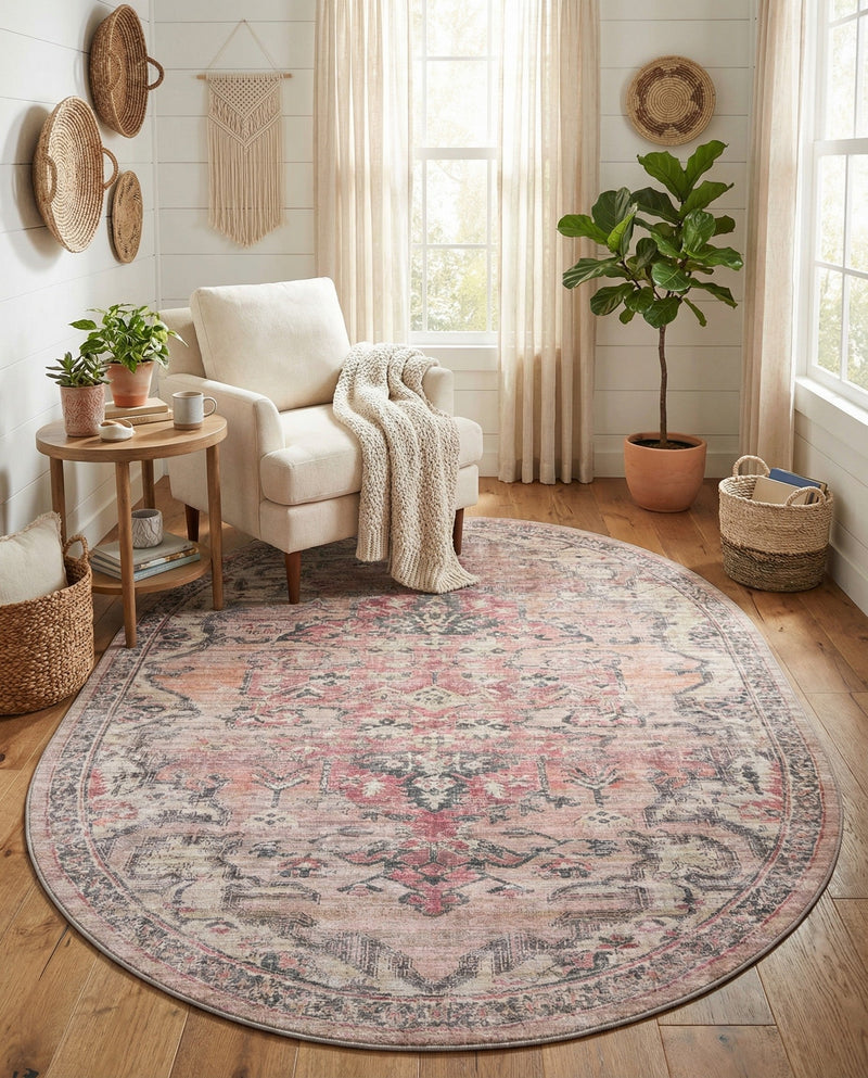 Vintage Memories Collection Area Rug - Echoes Oval Beige pink  lifestyle 61