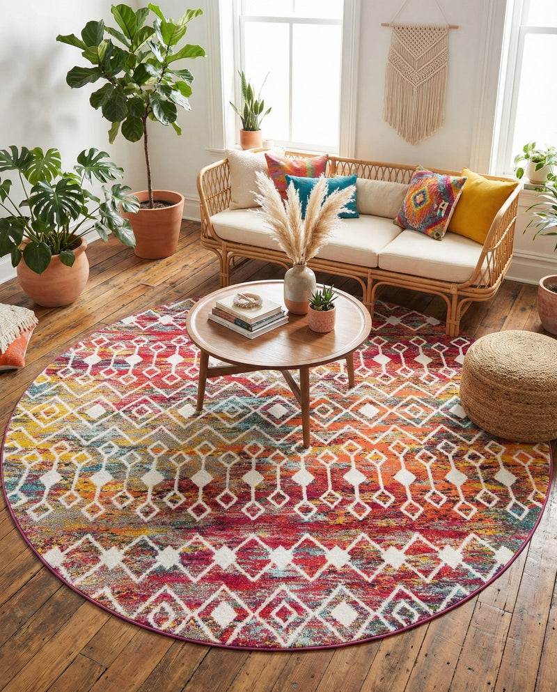 Mediterranean Lattice Collection Area Rug - Santorini (Multi) Round Multi  lifestyle 62
