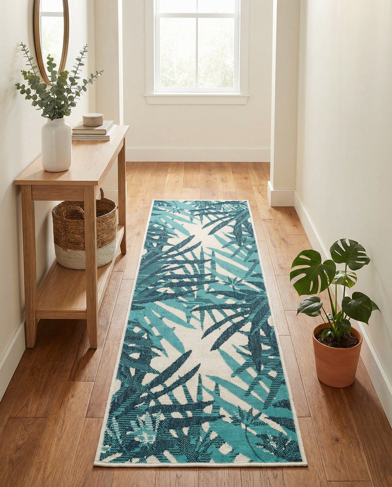 Seaside Blooms Collection Area Rug -  Provence Runner Teal blue  lifestyle 57
