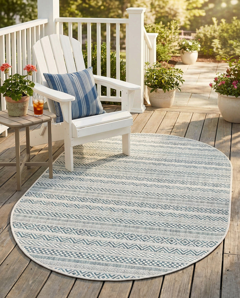 Seaside Stripes Collection Area Rug -  Boardwalk (Teal) Oval Teal  lifestyle 77