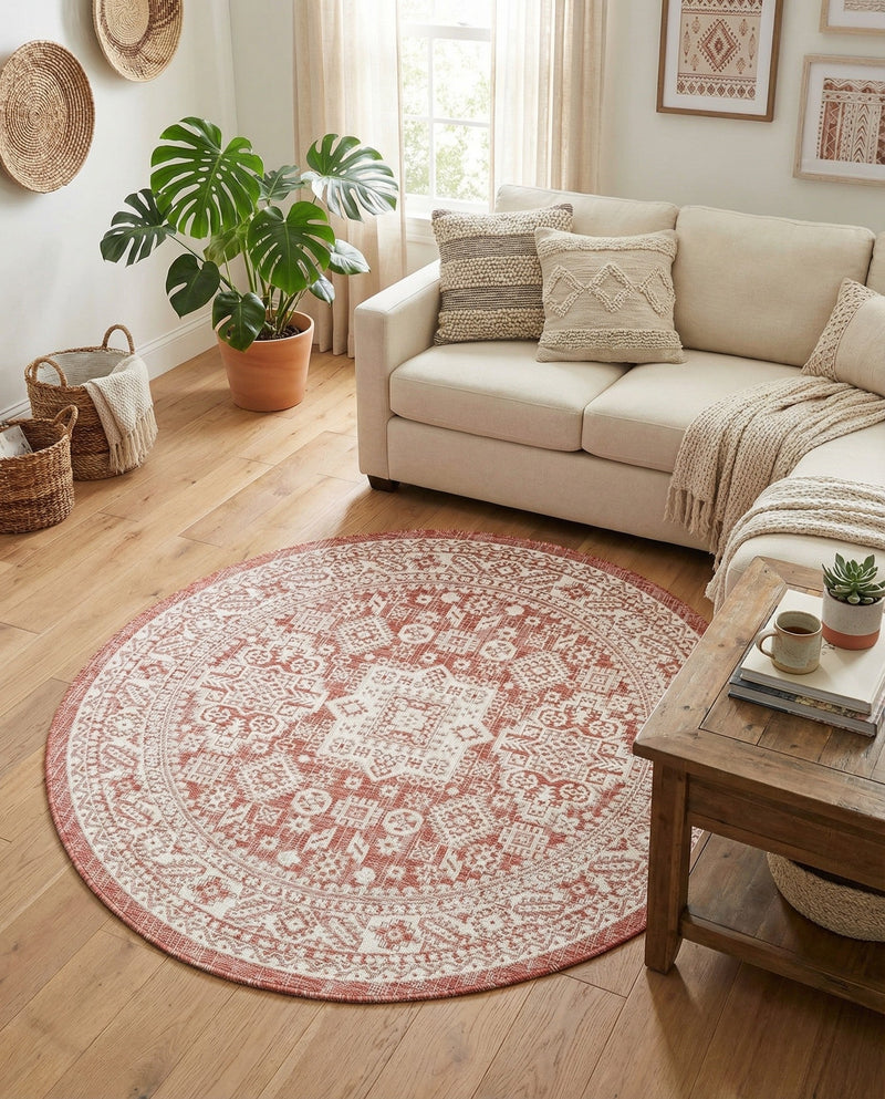 Tribal Terrace Treasures Collection Area Rug -  Incan Isle (Rust Red) Round Rust Red  lifestyle 79