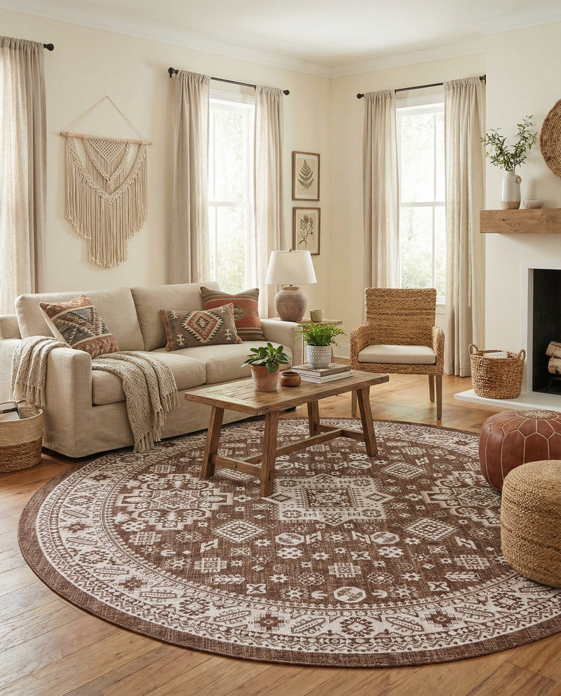 Tribal Terrace Treasures Collection Area Rug -  Incan Isle (Brown) Round Brown  lifestyle 79