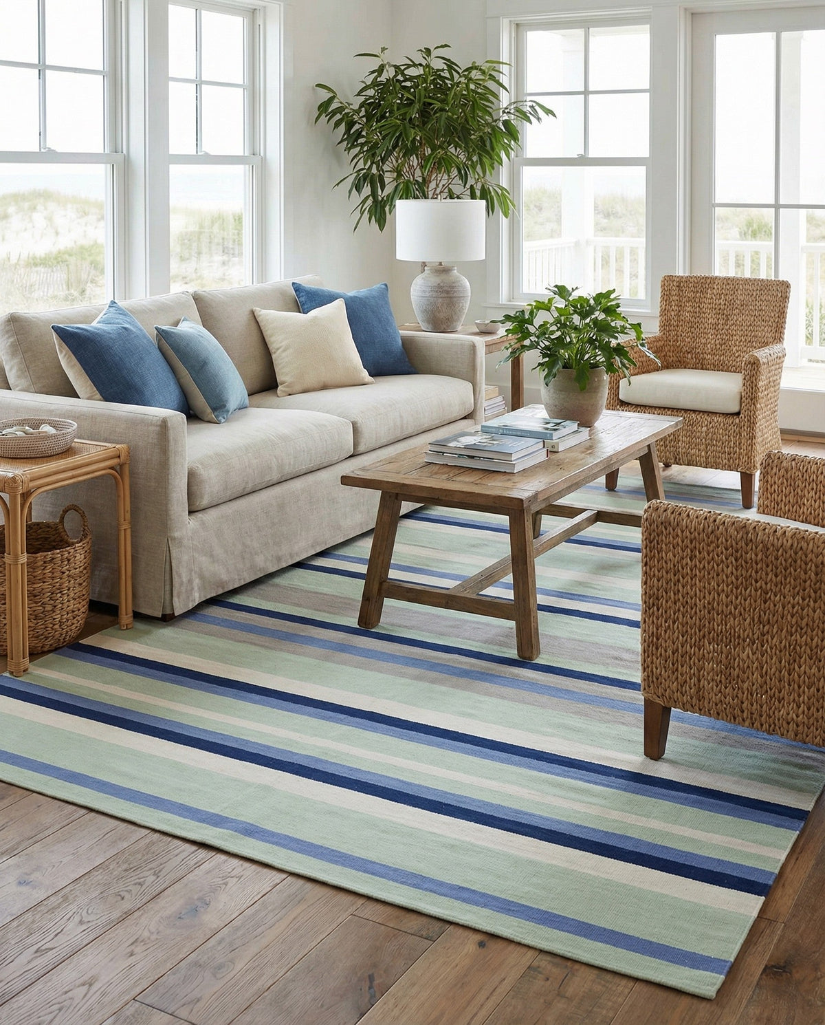 Coastal Stripe Dhurrie Collection Area Rug - Seashore Rectangle Aqua Blue and Gray  lifestyle 12