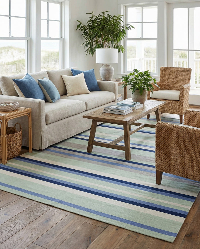 Coastal Stripe Dhurrie Collection Area Rug - Seashore Rectangle Aqua Blue and Gray  lifestyle 12