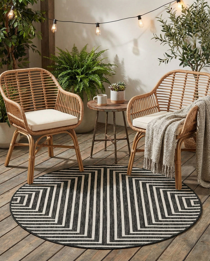 Urban Terrace Collection Area Rug -  Astoria (Black and White) Round Black and White  lifestyle 47