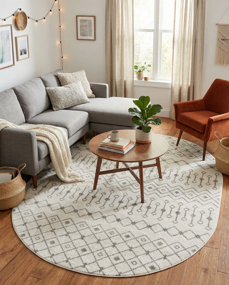 Mediterranean Lattice Collection Area Rug - Santorini (Ivory and Gray) Oval Ivory and Gray  lifestyle 37