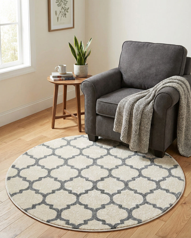 Lattice Gardens Collection Area Rug -  Bloomfield (Beige and Gray) Round Beige and Gray  lifestyle 39