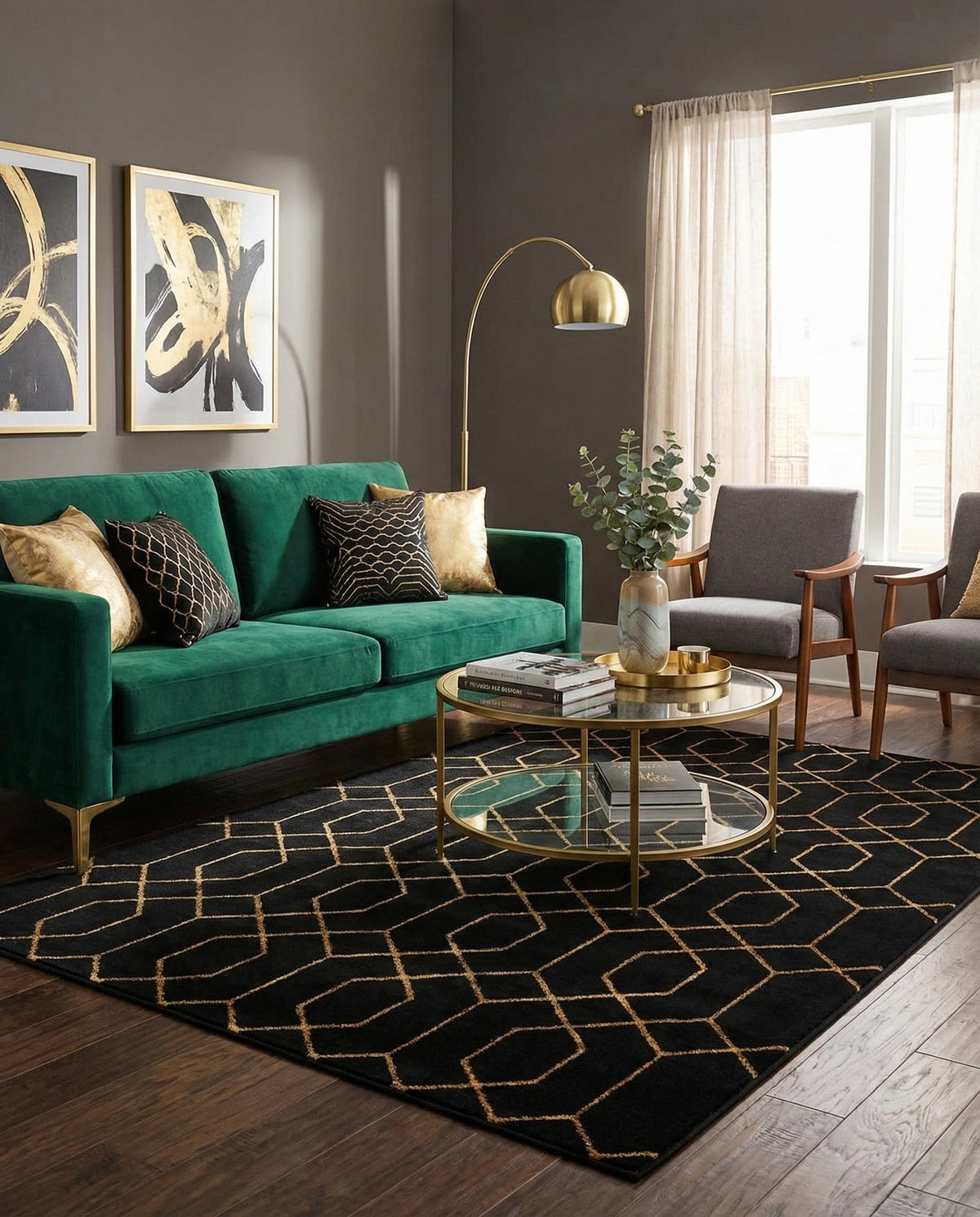 Hollywood Luxe Collection Area Rug - Sunset Rectangle Black and Gold  lifestyle 92