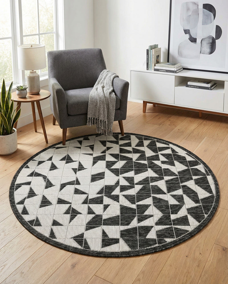 Urban Terrace Collection Area Rug -  Mercer Round Black and White  lifestyle 59