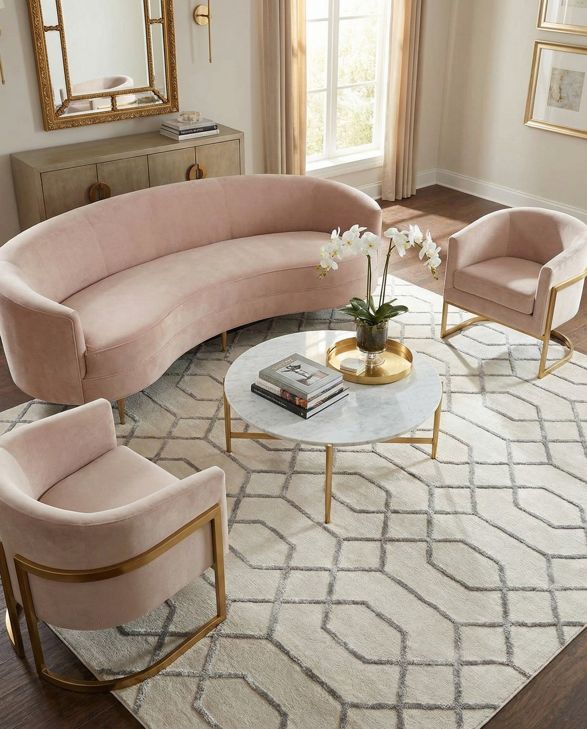 Hollywood Luxe Collection Area Rug - Sunset Square White and Silver  lifestyle 183