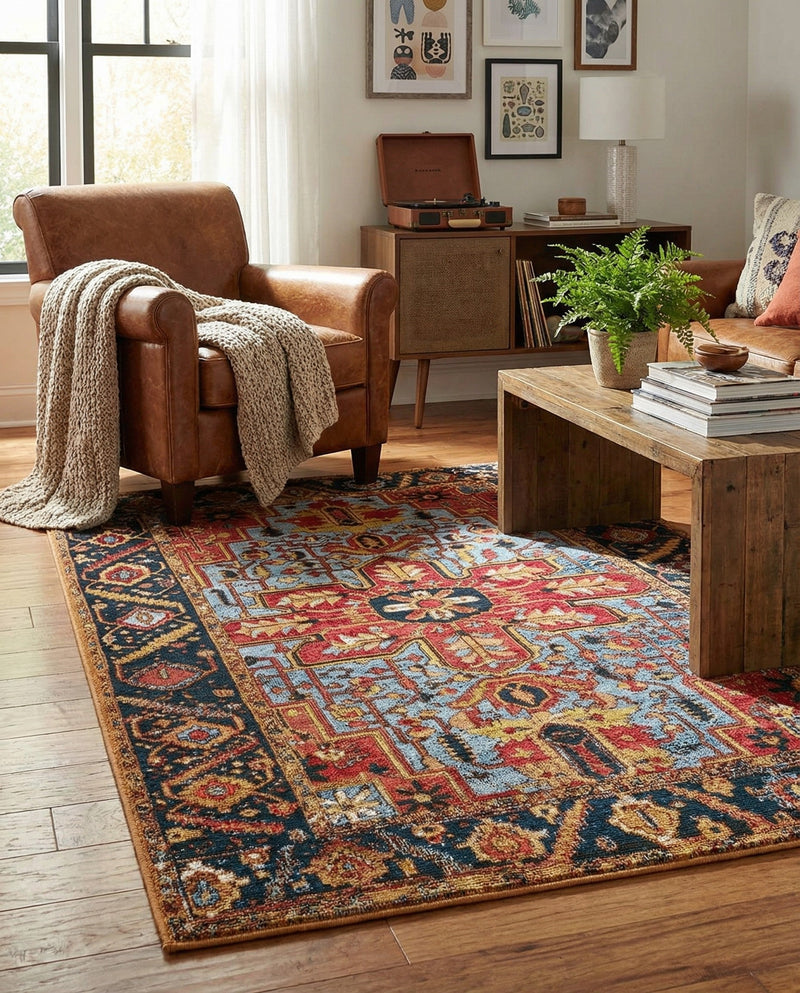 Patio Heritage Collection Area Rug -  Garden Rectangle Rust Red and Blue  lifestyle 20