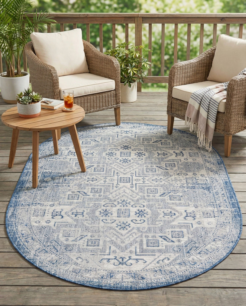 Tribal Terrace Treasures Collection Area Rug - Mayan Marina (Blue) Oval Blue  lifestyle 35