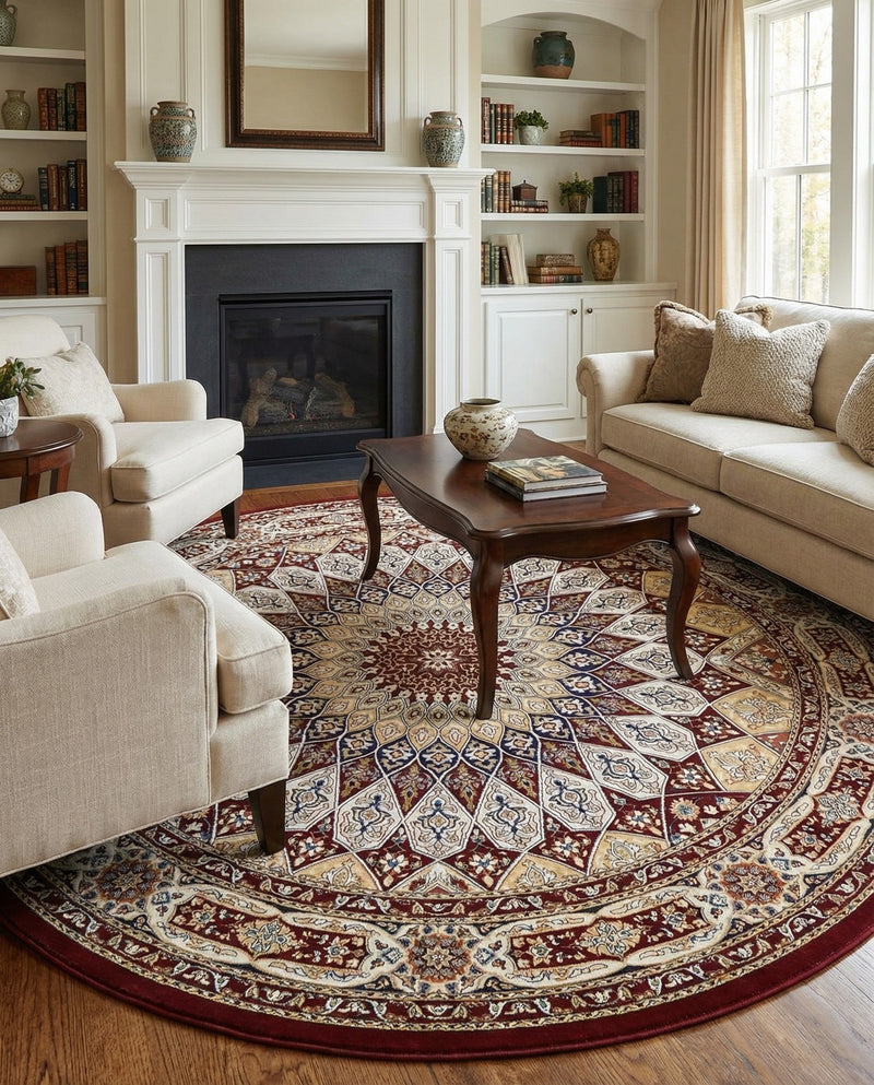 Persian Elegance Collection Area Rug -  Hamedan (Burgundy) Round Burgundy  lifestyle 31