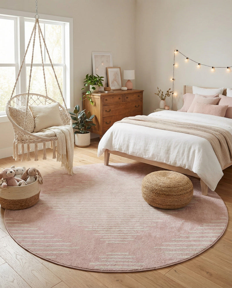 Seychelles Stripes Collection Area Rug - Mahe (Pink) Round Pink  lifestyle 35