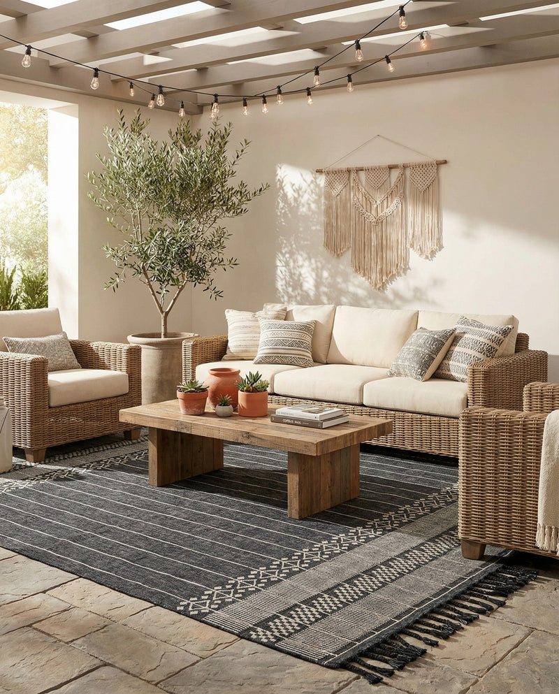Sustainable Nomad Terrace Collection Area Rug - Reef Rectangle Charcoal Black  lifestyle 47