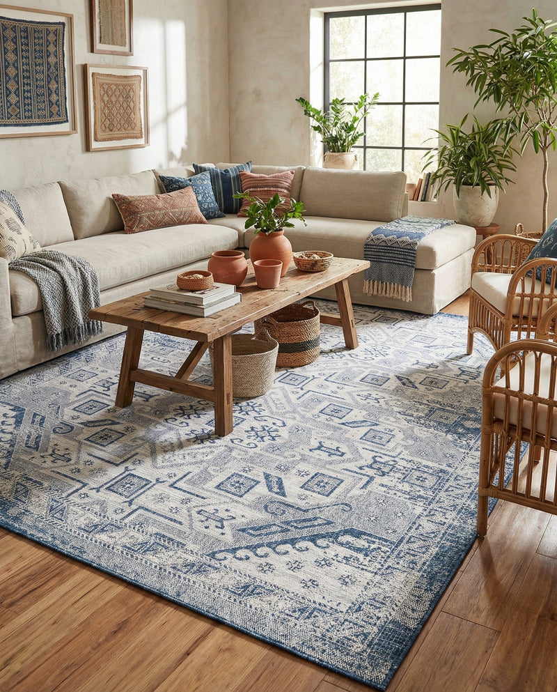 Tribal Terrace Treasures Collection Area Rug - Mayan Marina (Blue) Rectangle Blue  lifestyle 12
