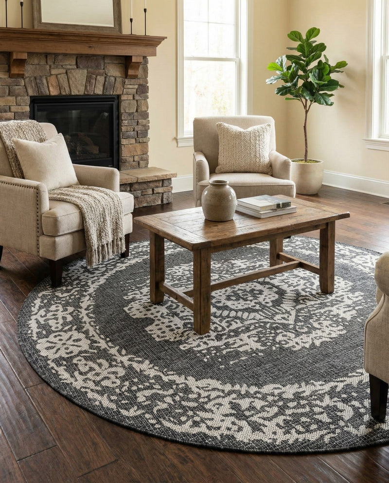 Patio Heritage Collection Area Rug - Savannah (Charcoal Gray) Round Charcoal Gray  lifestyle 68