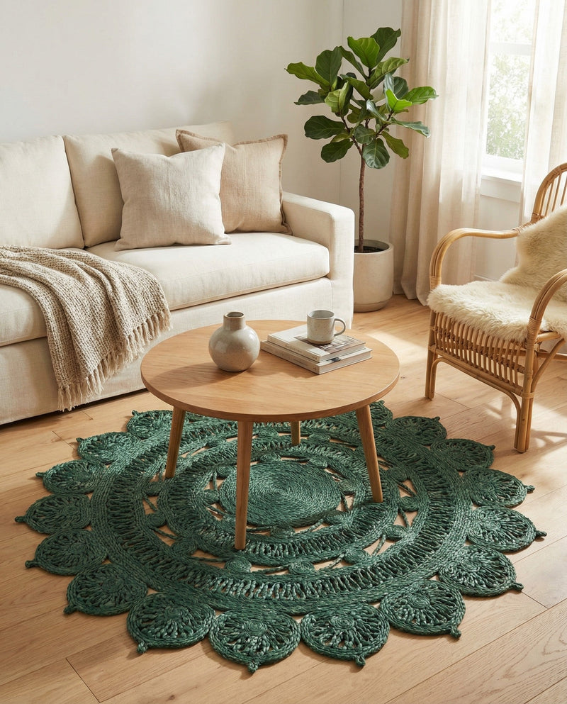 Woven Seaside Jute Collection Area Rug - Coastalhaven (Hunter Green) Round Hunter Green  lifestyle 25