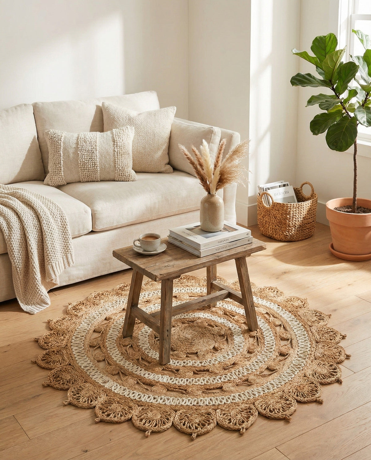 Woven Seaside Jute Collection Area Rug - Coastalhaven (Natural and White) Round Natural and White  lifestyle 28