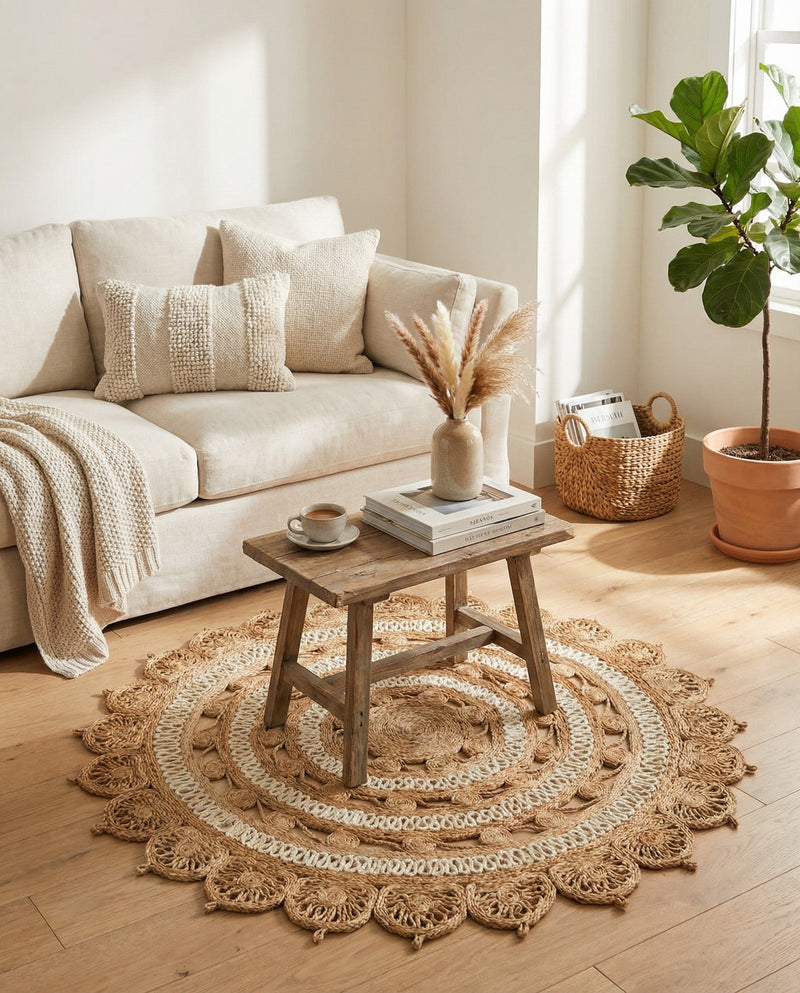 Woven Seaside Jute Collection Area Rug - Coastalhaven (Natural and White) Round Natural and White  lifestyle 28