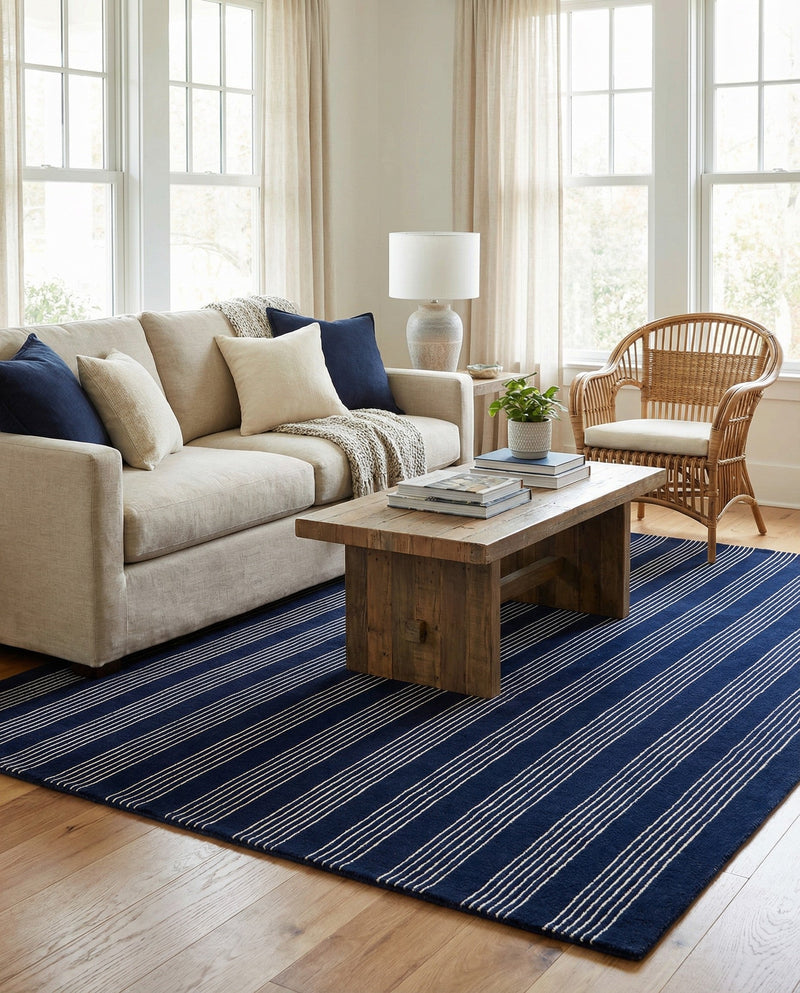 Hampton Stripes Wool Collection Area Rug - Montauk Rectangle Cobalt Blue  lifestyle 8