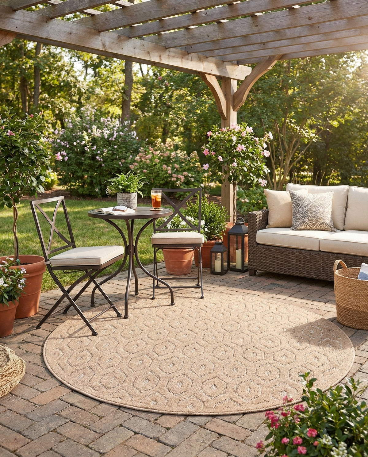 Garden Lattice Charm Collection Area Rug - Arbor (Beige) Round Beige  lifestyle 52