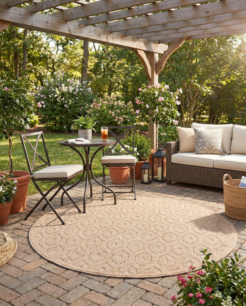 Garden Lattice Charm Collection Area Rug - Arbor (Beige) Round Beige  lifestyle 52