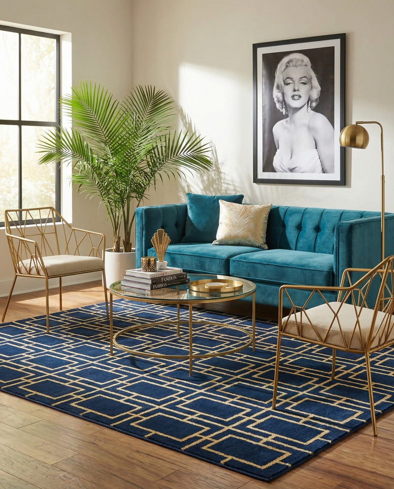 Hollywood Luxe Collection Area Rug -  Beverly (Navy Blue Gold) Rectangle Navy Blue Gold  lifestyle 18