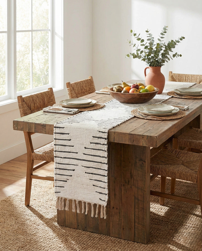 Thar Cotton Collection Area Rug - Jaisalmer (White) Table Runner White  lifestyle 69