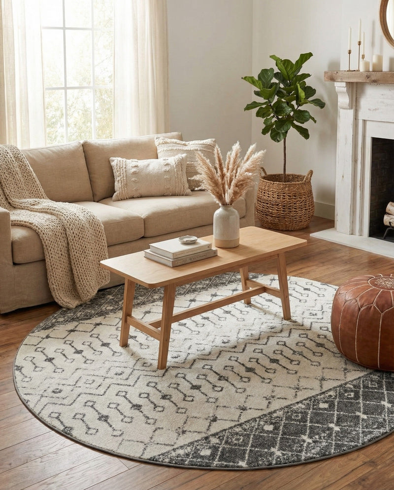 Mediterranean Lattice Collection Area Rug -  Casablanca (Ivory and Gray) Round Ivory and Gray  lifestyle 64