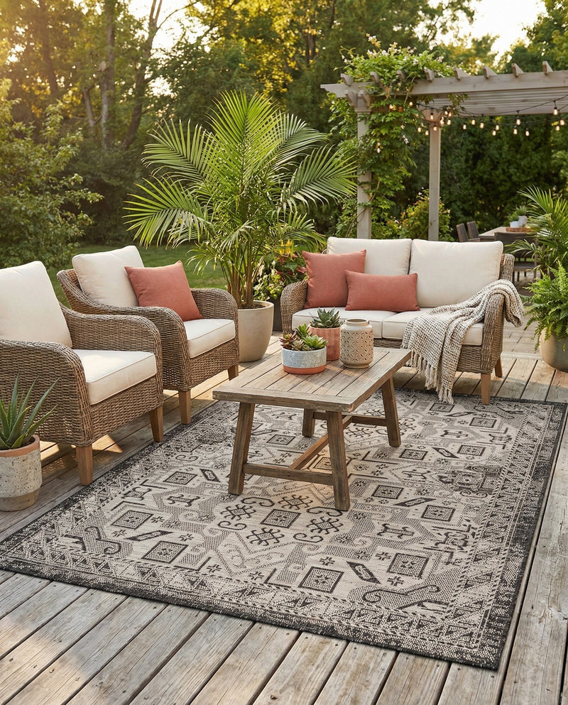 Tribal Terrace Treasures Collection Area Rug - Mayan Marina (Charcoal Gray) Rectangle Charcoal Gray  lifestyle 27