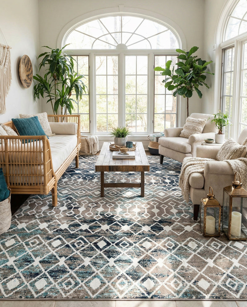 Mediterranean Lattice Collection Area Rug - Santorini (Multi Gray Blue) Rectangle Multi Gray Blue  lifestyle 3