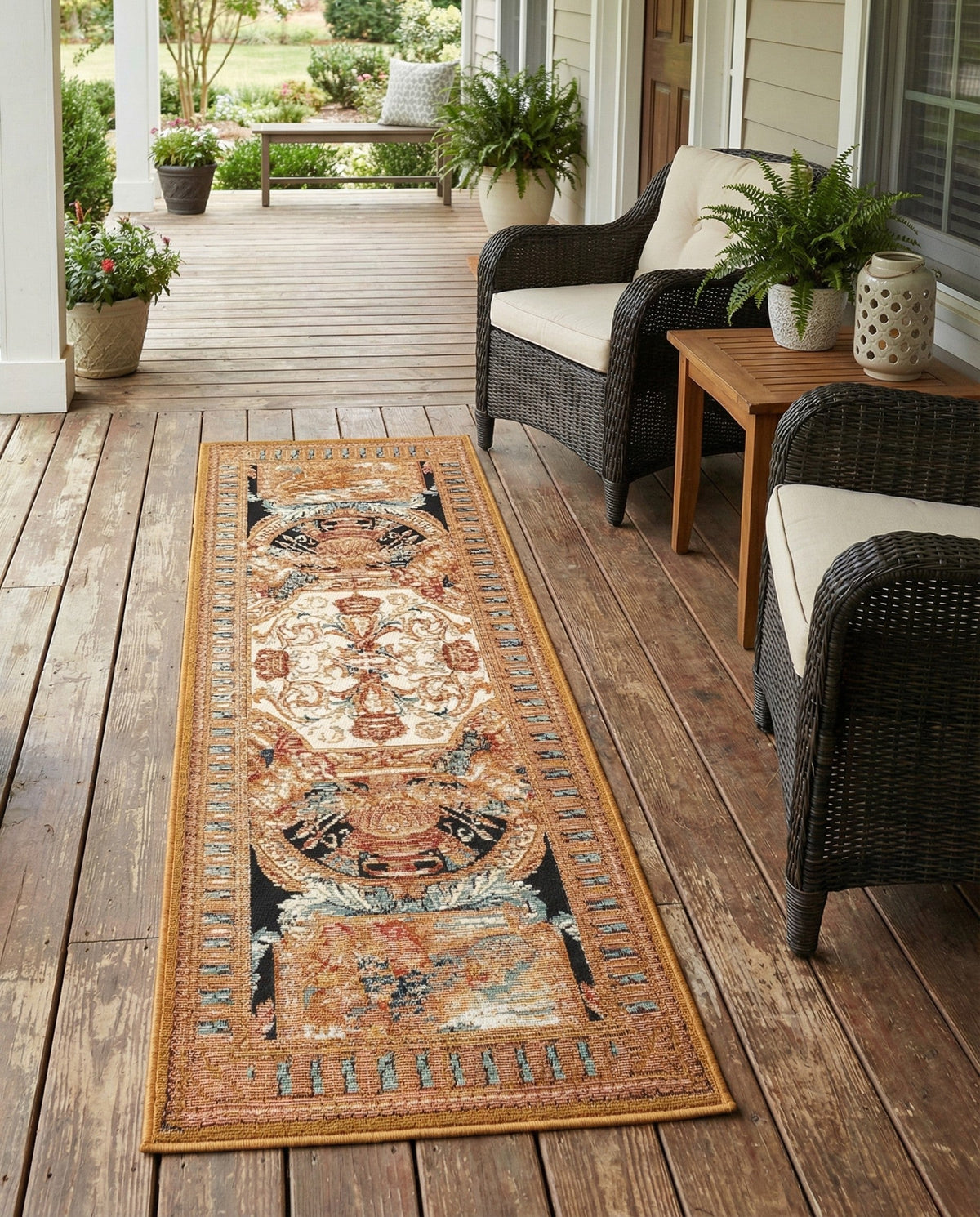 Patio Heritage Collection Area Rug - Veranda Runner Black Gold Brown  lifestyle 86