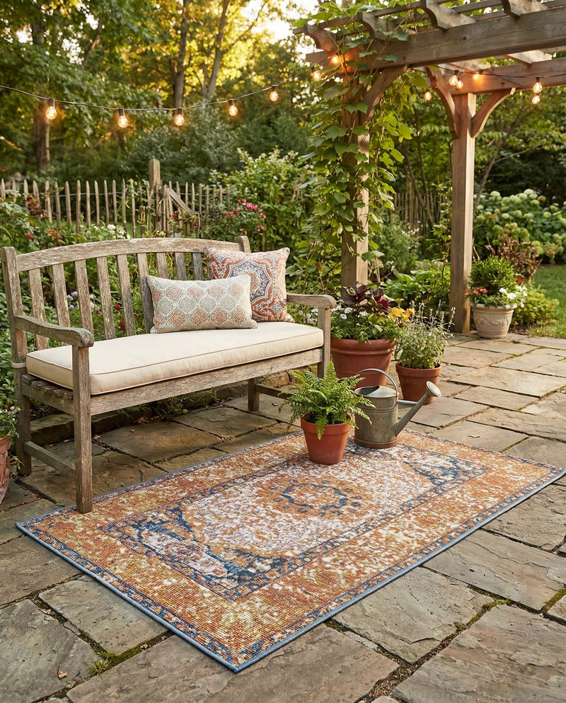 Patio Heritage Collection Area Rug -  Courtyard Rectangle Navy Blue and Light Pink  lifestyle 5