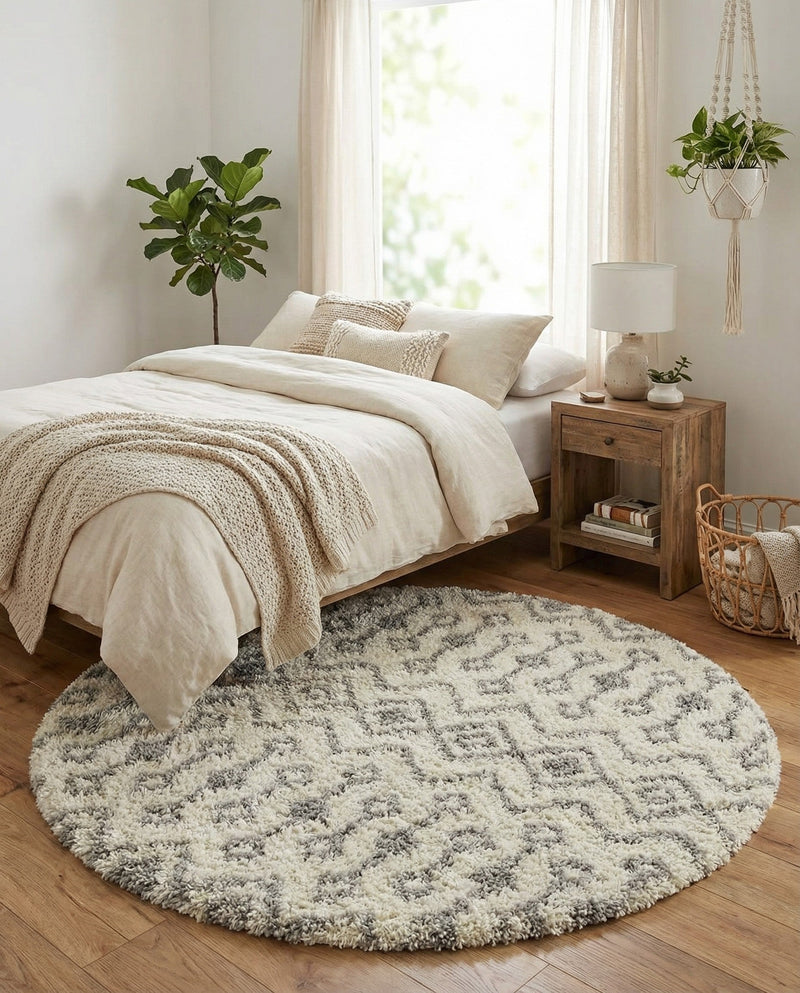 Berber Lattice Shag Collection Area Rug - Atlas (Ivory) Round Ivory  lifestyle 24