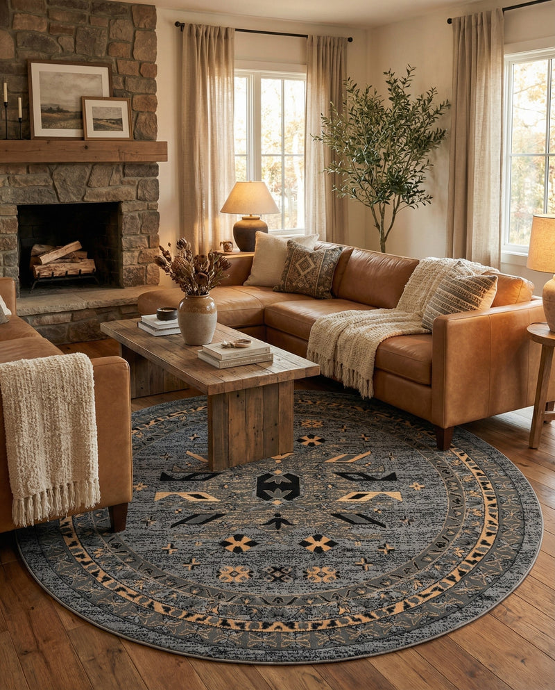 Tabriz Tapestries Collection Area Rug - Azerbaijan (Gray) Round Gray  lifestyle 32