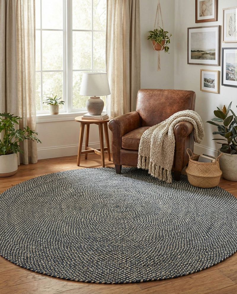 Highland Woven Jute Collection Area Rug - Glenmore (Navy Blue) Round Navy Blue  lifestyle 42