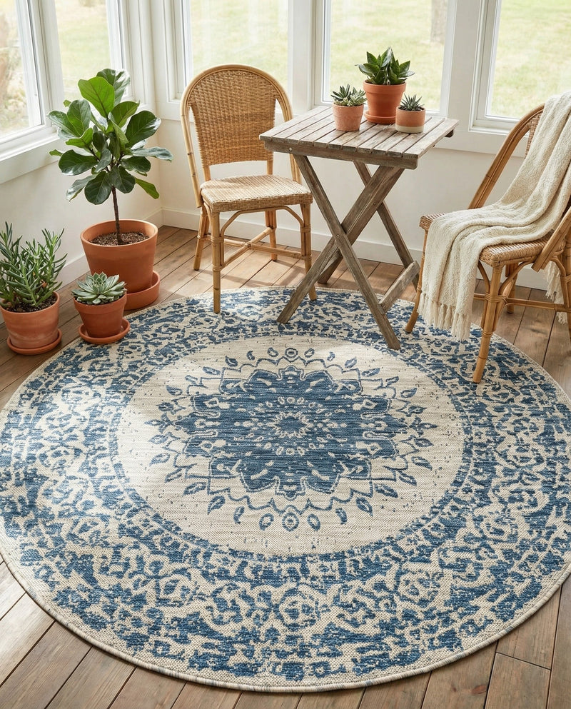 Patio Heritage Collection Area Rug -  Lafayette (Blue) Round Blue  lifestyle 48