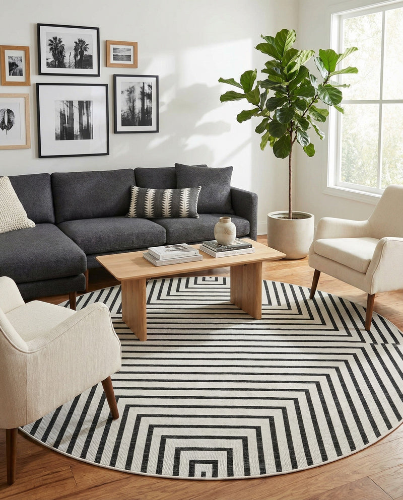 Urban Terrace Collection Area Rug -  Astoria (White and Black) Round White and Black  lifestyle 54