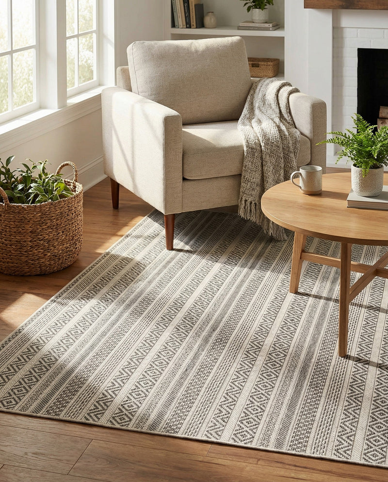 Seaside Stripes Collection Area Rug -  Boardwalk (Beige) Rectangle Beige  lifestyle 25