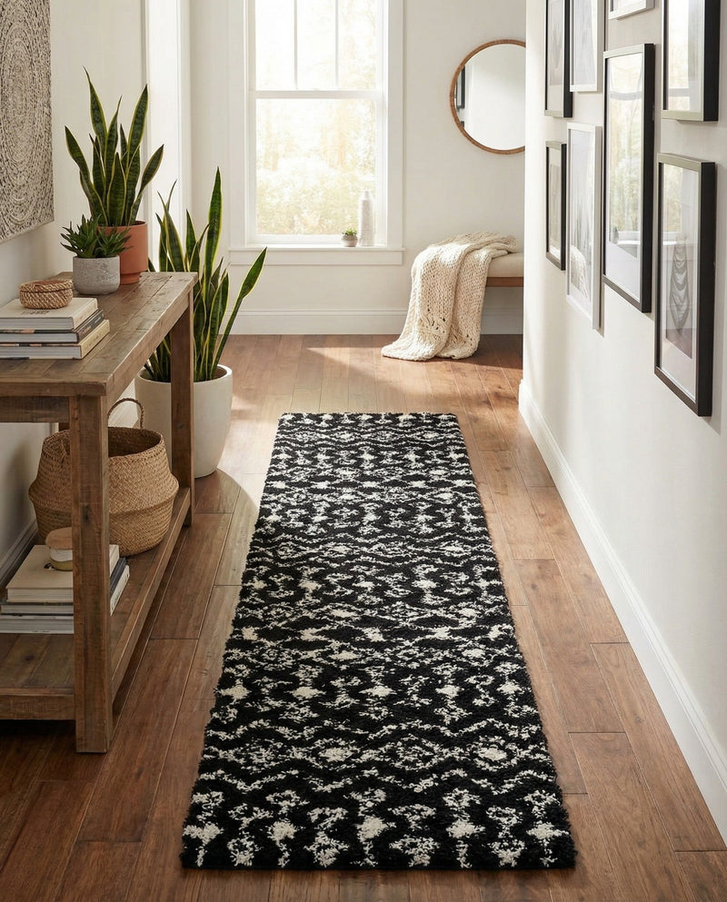 Berber Lattice Shag Collection Area Rug - Atlas (Black and White) Runner Black and White  lifestyle 20