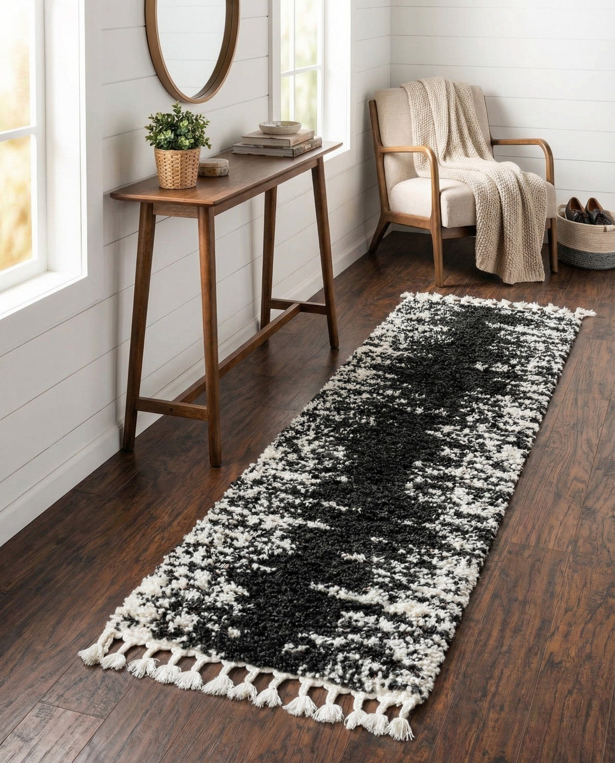 Tranquil Tides Shag Collection Area Rug - Marina Runner Black and White  lifestyle 96